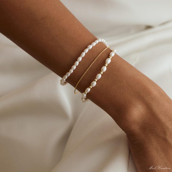Three Layer Bracelet, Real Freshwater Pearl Bracelet, Triple Chain Layer Bracelet, Bridesmaid Gift for Her, Christmas Gift, Mothers Gift