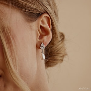 Brincos de diamante com folha de prata esterlina, brincos delicados de pérolas de água doce, brincos de pérolas, joias de noiva, joias de casamento, presente para ela