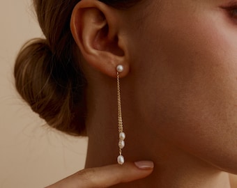 Dainty Pearl Tassel Drop Earrings, Natural Freshwater Pearl Earrings, Daily Earrings, Dangling Pearl Earrings, Bridesmaid Gift, Mother's day