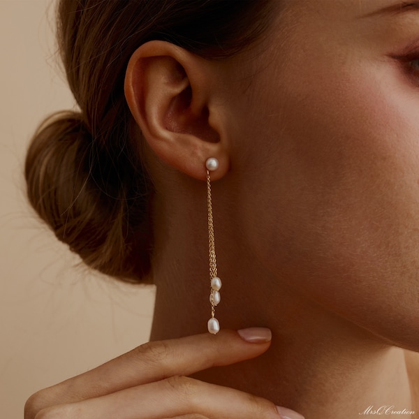 Boucles d'oreilles pendantes à pampille en perles fines, Boucles d'oreilles en perles d'eau douce naturelles, Boucles d'oreilles quotidiennes, Boucles d'oreilles pendantes en perles, Demoiselle d'honneur, Cadeau pour la fête des Mères