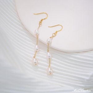 Freshwater Pearl Drop Earrings, Bridal Pearl Earrings, 18K Gold Dangle Earrings, Wedding Earrings, Valentine's Gift, Mothers day Gift zdjęcie 7