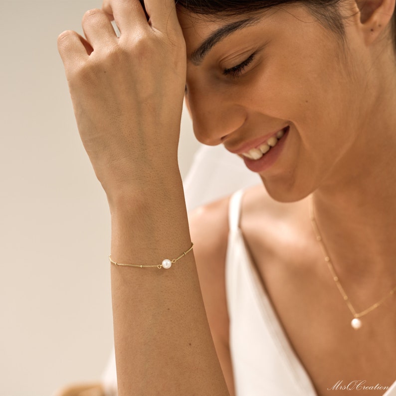 Bracelet de perles simple minimaliste, chaîne de perles de bracelet de perles d'eau douce naturelles, bracelet de perles en argent sterling, cadeau de demoiselle d'honneur pour elle image 5
