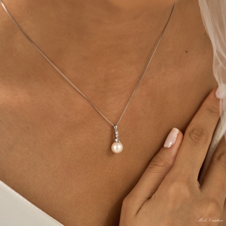 925 Sterling Silber Perlenkette mit Diamant, Brauthalskette, Hochzeitshalskette, Mutterhalskette, Muttertagsgeschenk, Brautjungferngeschenk Bild 3