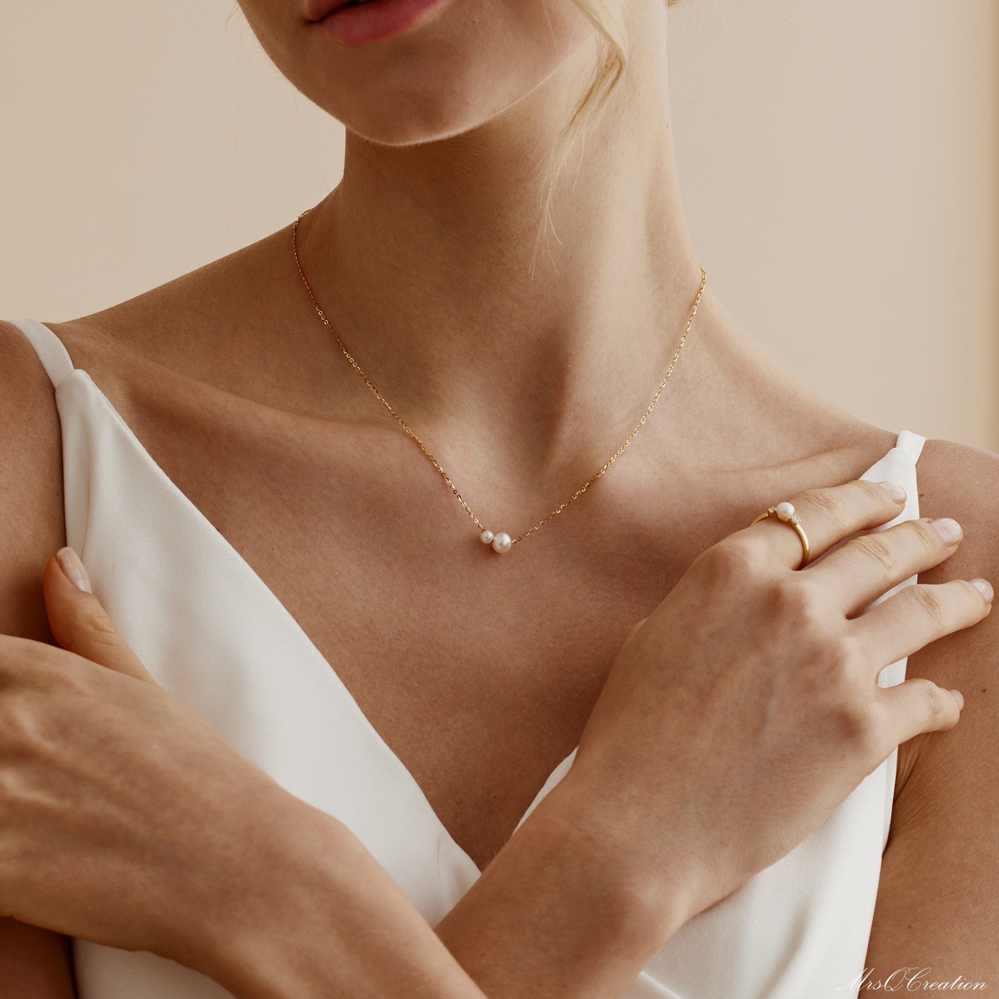 Minimalist Freshwater Pearl Necklace, Sterling Silver 2 Round Pearls Necklace, Bridesmaid Necklace, Daily Pearl Necklace, Bridesmaid Gift