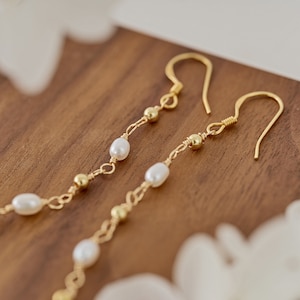 Pearl Beads Dangle Earrings, Freshwater Pearl Drop Earrings 18K Gold, Minimalist Everyday Earrings, Bridesmaid Gift for Her, Gift for Mom image 3