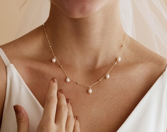 Dainty Pearl Drop Necklace, Multiple Pearl Necklace with Bead Chain, Gold Bead Necklace, Real Pearl Jewelry, Bridal Necklace, Christmas Gift