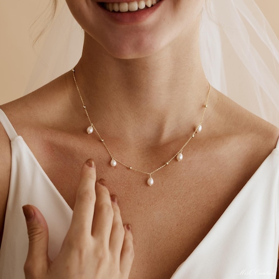 Dainty Pearl Drop Necklace, Multiple Pearl Necklace With Bead - Main Image