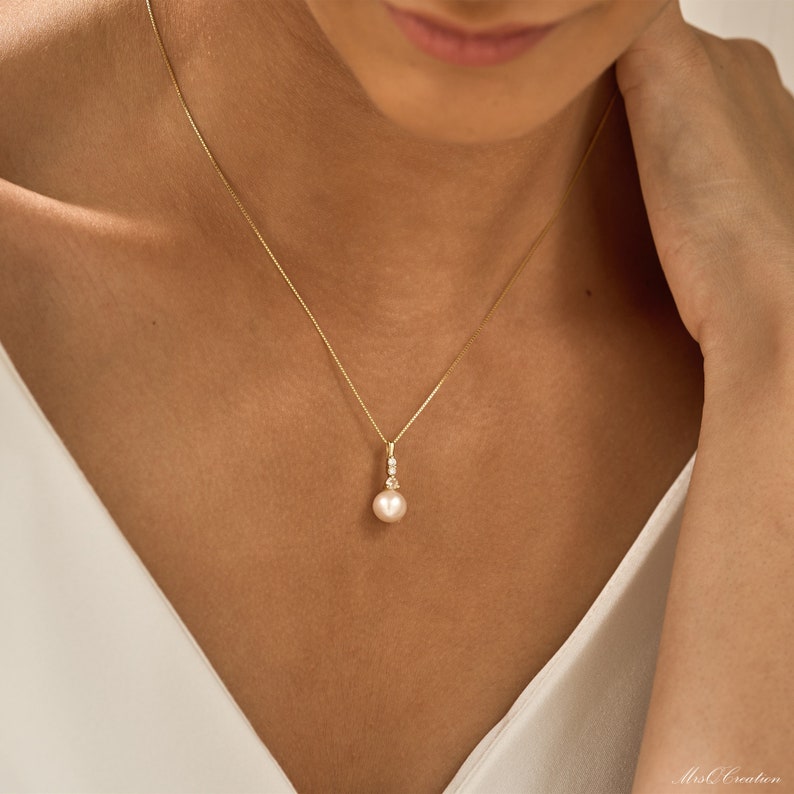 Collana di perle in argento sterling 925 con diamanti, collana da sposa, collana nuziale, collana per la mamma, regalo per la festa della mamma, regalo per la damigella d'onore immagine 5