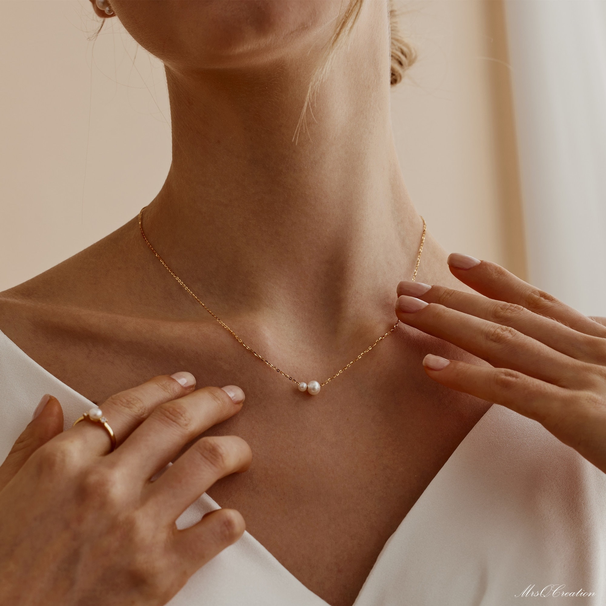 Minimalist Freshwater Pearl Necklace, Sterling Silver 2 Round Pearls Necklace, Bridesmaid Necklace, Daily Pearl Necklace, Bridesmaid Gift