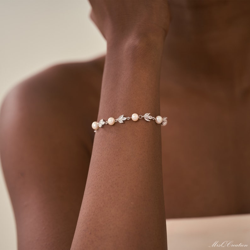 Sterling Silver Pearl Wedding Bracelet, Freshwater Pearl Leaf Bracelet, CZ Bridal Bracelet, Leaf Bracelet, Bridesmaid Gift, Mothers Day Gift image 4