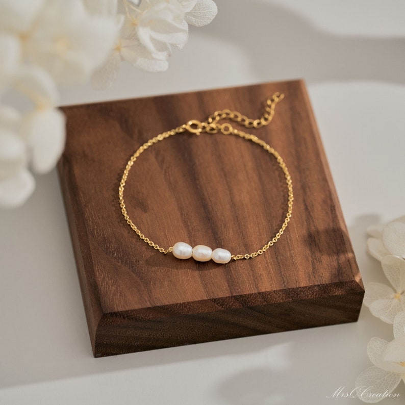 Pulsera de perlas naturales de agua dulce, pulsera de perlas reales delicadas, pulsera de novia, pulsera de perlas naturales para boda, regalo encantador, regalo para ella imagen 7