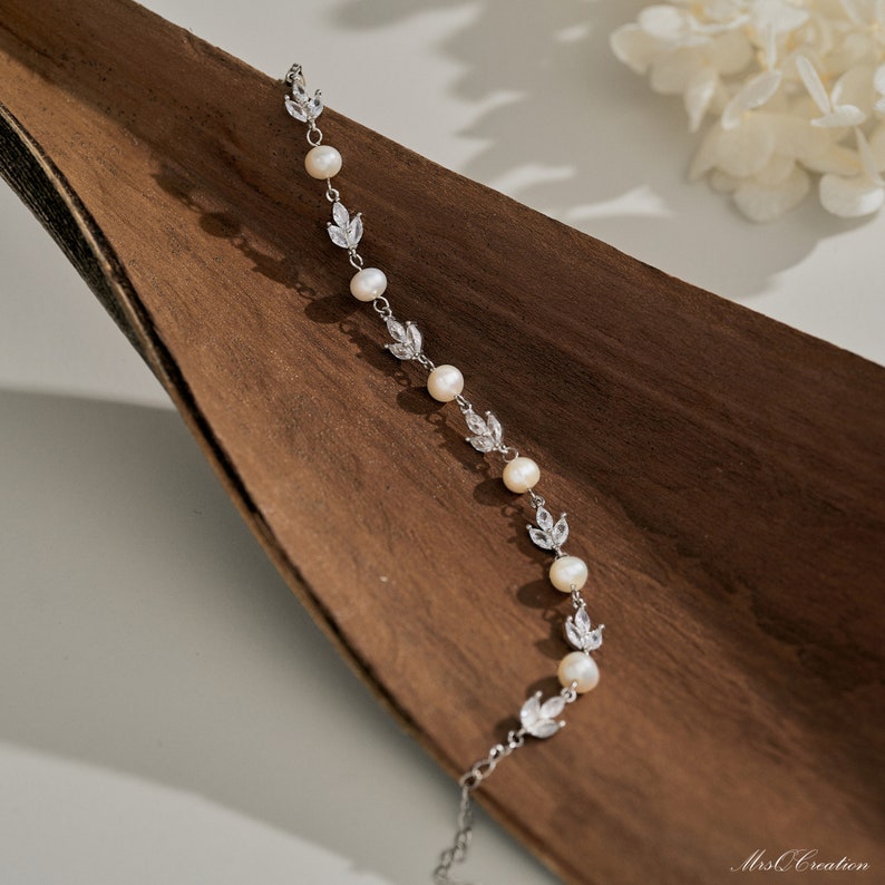 Sterling Silver Pearl Wedding Bracelet, Freshwater Pearl Leaf Bracelet, CZ Bridal Bracelet, Leaf Bracelet, Bridesmaid Gift, Mothers Day Gift image 3