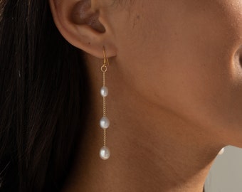 Pendientes colgantes de perlas de agua dulce, pendientes de perlas nupciales, pendientes colgantes de oro de 18 quilates, pendientes de boda, regalo de San Valentín, regalo de damas de honor