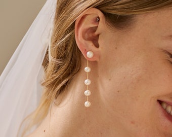 Boucles d'oreilles Pearl Drop, Boucles d'oreilles Gold Dangle, Perles d'eau douce, Boucles d'oreilles 5 perles, Boucles d'oreilles longues perles, Cadeau de demoiselle d'honneur pour elle, Cadeau de mariage