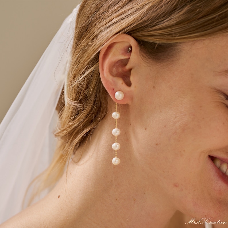 Pearl Drop Earrings, Gold Dangle Earrings, Freshwater Pearls, 5 Pearls Earrings, Long Pearls Earrings, Bridesmaid Gift for Her, Wedding Gift image 1