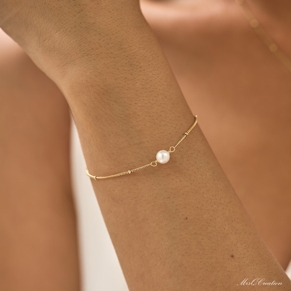 Pulsera minimalista de una sola perla, cadena de cuentas de pulsera de perlas naturales de agua dulce, pulsera de perlas de plata de ley, regalo de dama de honor para ella