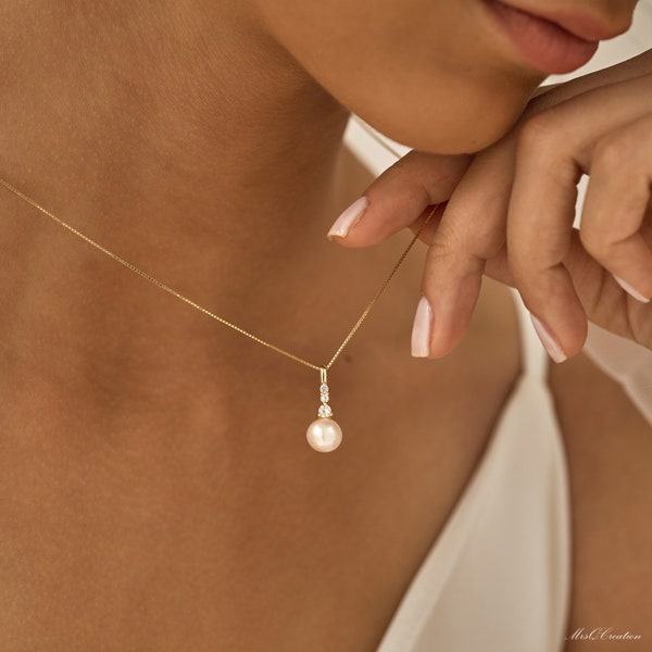 Collier de perles en argent sterling 925 avec diamant, collier de mariée, collier de mariage, collier de mère, cadeau de Noël, cadeau de demoiselle d'honneur
