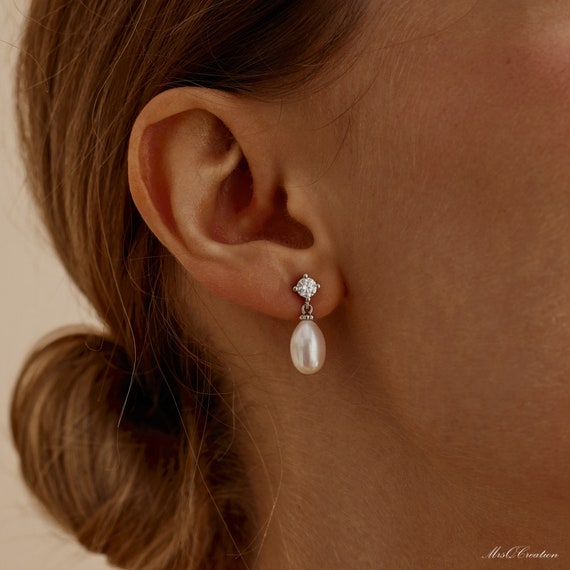 Diamond Pearl Drop Earrings, Sterling Silver Pearl Earrings