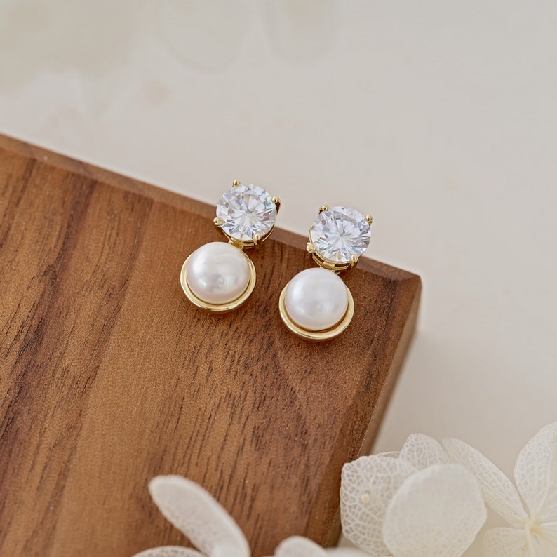 Diamond & Pearl Stud Earrings, Freshwater Pearl Stud Earrings, Bridal Earrings Jewelry, Crystal Pearl, Wedding Earrings, Bridesmaid Gift image 3