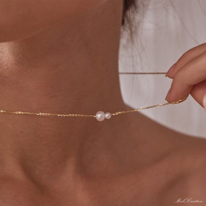 Minimalist Freshwater Pearl Necklace, 2 Pearls Necklace, Bridesmaid Necklace, Daily Pearl Necklace, Bridesmaid Gift zdjęcie 3