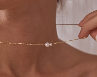 Collier minimaliste de perles d'eau douce, collier 2 perles, collier de demoiselle d'honneur, collier de perles quotidien, cadeau de demoiselle d'honneur