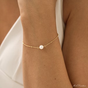 Bracelet de perles simple minimaliste, chaîne de perles de bracelet de perles d'eau douce naturelles, bracelet de perles en argent sterling, cadeau de demoiselle d'honneur pour elle image 3
