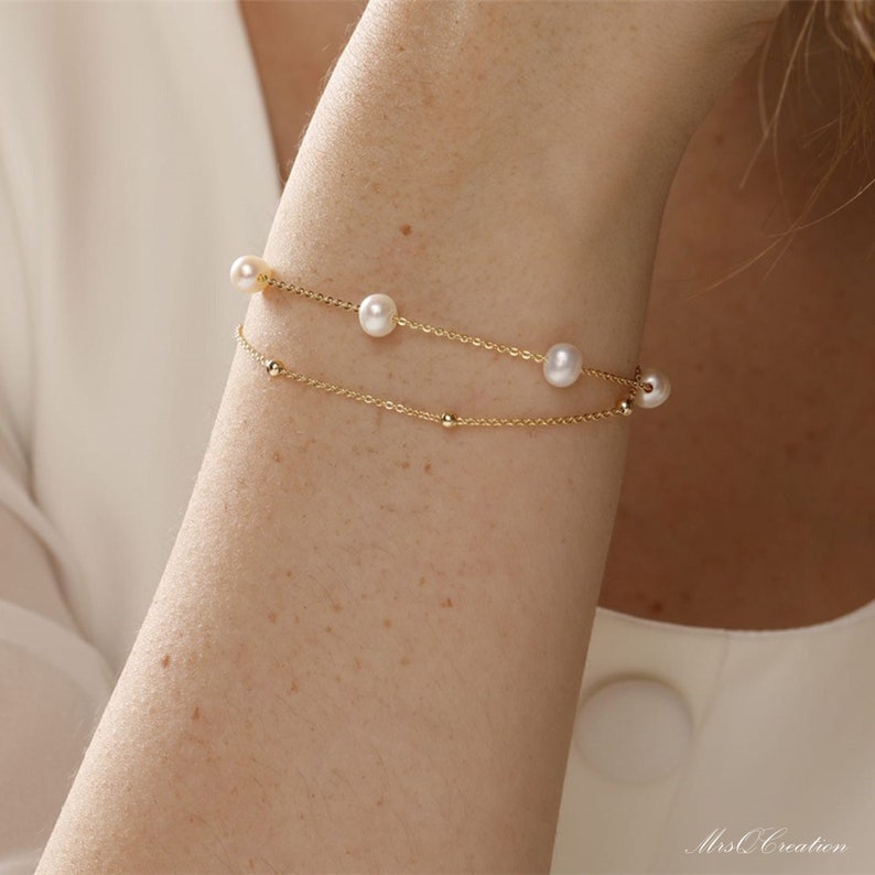 Genuine Natural Freshwater Pearl Bracelet, Dainty 14k Layer Gold Bracelet, Pearl Beaded Bracelet, Wedding Bracelet, Bridesmaids Gift image 1