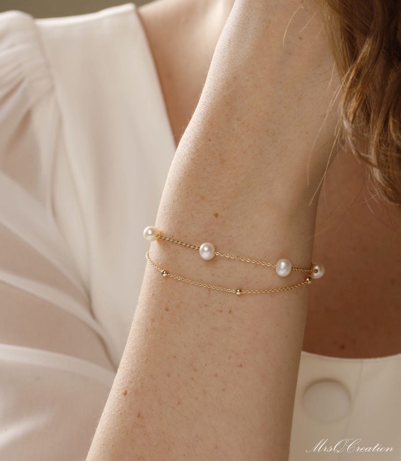 Genuine Natural Freshwater Pearl Bracelet, Dainty 14k Layer Gold Bracelet, Pearl Beaded Bracelet, Wedding Bracelet, Bridesmaids Gift image 6