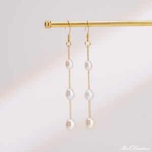 Boucles d'oreilles pendantes en perles d'eau douce, boucles d'oreilles de mariée en perles, boucles d'oreilles pendantes en or 18 carats, boucles d'oreilles de mariage, cadeau de la Saint-Valentin, cadeau de fête des mères image 2