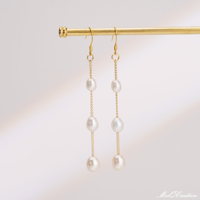 Freshwater Pearl Drop Earrings, Bridal Pearl Earrings, 18K Gold Dangle Earrings, Wedding Earrings, Valentine's Gift, Mothers day Gift zdjęcie 2