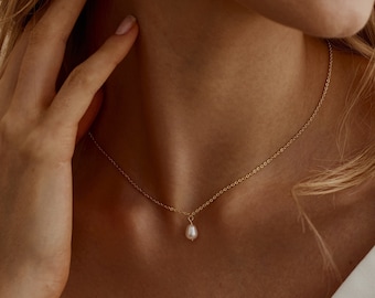 Gold Süßwasser Perle Tropfen Halskette, echte Perle Anhänger Halskette, Minimalist Perle Halskette, Braut Halskette, Brautjungfer Geschenk