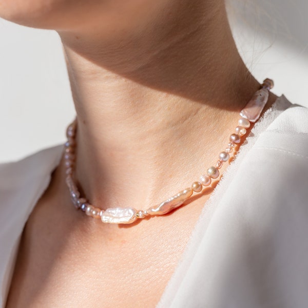 Pink freshwater baroque pearl choker necklace with 14K gold filled spacer beads, Large Irregular Pearl Necklace