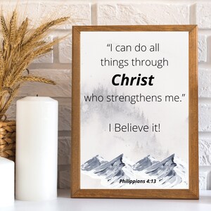 Ik kan alle dingen doen door Christus die mij versterkt, Filippens 4:13, Schriftkunst, inspirerende muurkunst, afdrukbaar cadeau