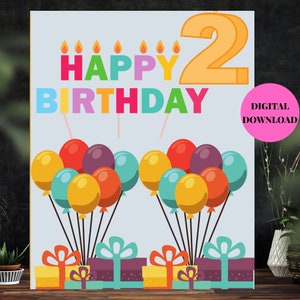Alles Gute zum 2. Geburtstag Karte, druckbare 2. Geburtstagskarte, alles Gute zum zweiten Geburtstag, Sofort download 2 Geburtstagskarte