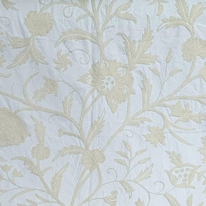 White Kashmir Crewel Embroidery Linen Fabric: Tree of Life Design