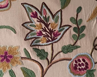 Kashmiri Crewel Embroidered Linen Fabric, Floral Upholstery Material, Curtain By Yard