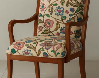 William Morris Inspired Crewel Embroidery Fabric, Floral Linen Upholstery Textile