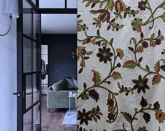 Linen Crewel Embroidered Curtain - Floral Upholstery Fabric
