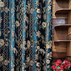 Buy Two Get Two Free Beautiful Teal Green Vintage Crewel Embroidery Curtain with Lining-Luxury Panel for Living Room-Handmade Kashmir Crewel