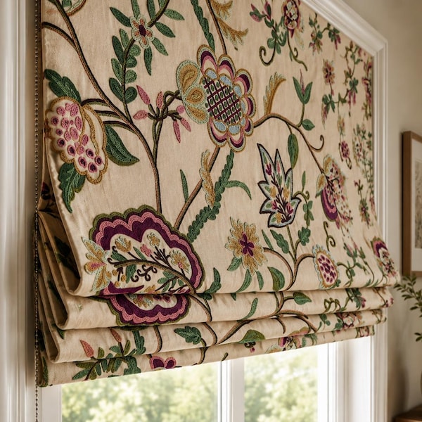 Garden of Prosperity – Handmade Kashmir Crewel Embroidered Linen Roman Blind | Tree of Life Luxury Window Treatment