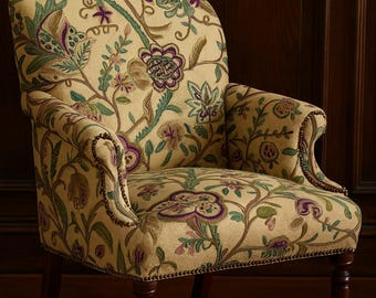 Vintage French Country Floral Crewel Upholstery Fabric by Yard: Embroidered Cotton Duck,