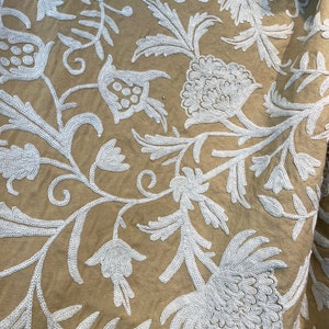 Ivory Bloom Handmade Kashmir Crewel Fabric: Floral Embroidery Cotton Duck - By The Yard