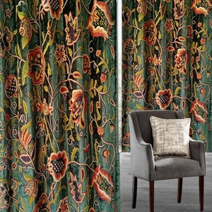 Buy One Get One-Luxury vintage green velvet crewel embroidery curtain with lining-Curtain for Living Room and Bedroom-