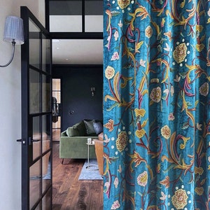 Luxury Turquoise Blue Velvet Crewel Curtain with Lining-Kashmir Crewel-Curtain for Living Room and Bedroom