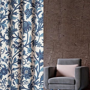 Buy One Get One Free-beautiful sapphire blue cotton duck handmade crewel embroidery curtain with lining-Vintage Curtain