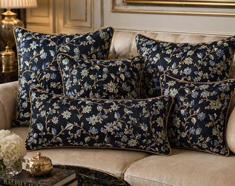 Maison Noir 1 Pair Crewel Embroidery Cushion Cover – Black Floral Wool on Cotton Pillow