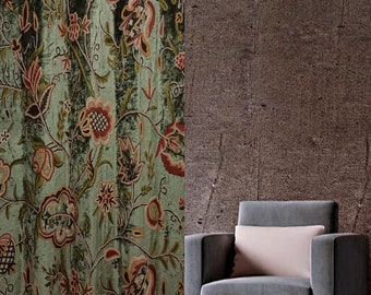 Buy 1 Get 1 - Vintage Olive Green Velvet Crewel Curtain: Mughal Garden Embroidery