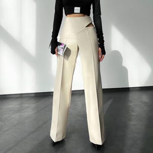 Women's Beige Leather Pants, Leather Trousers With Cotton