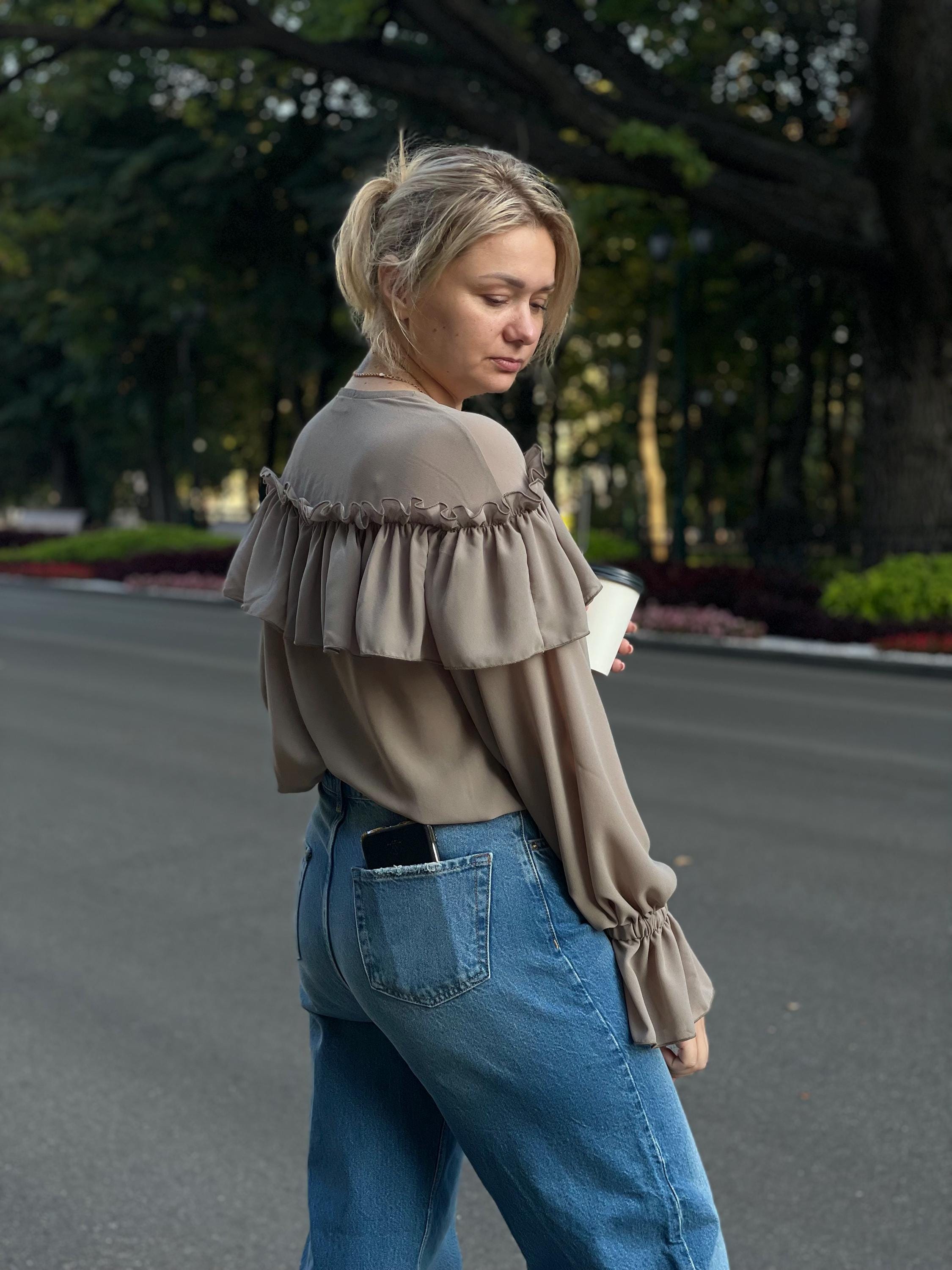 Chiffon Blouse, Khaki Ruffle Blouse, Blouse in Boho Style - Etsy