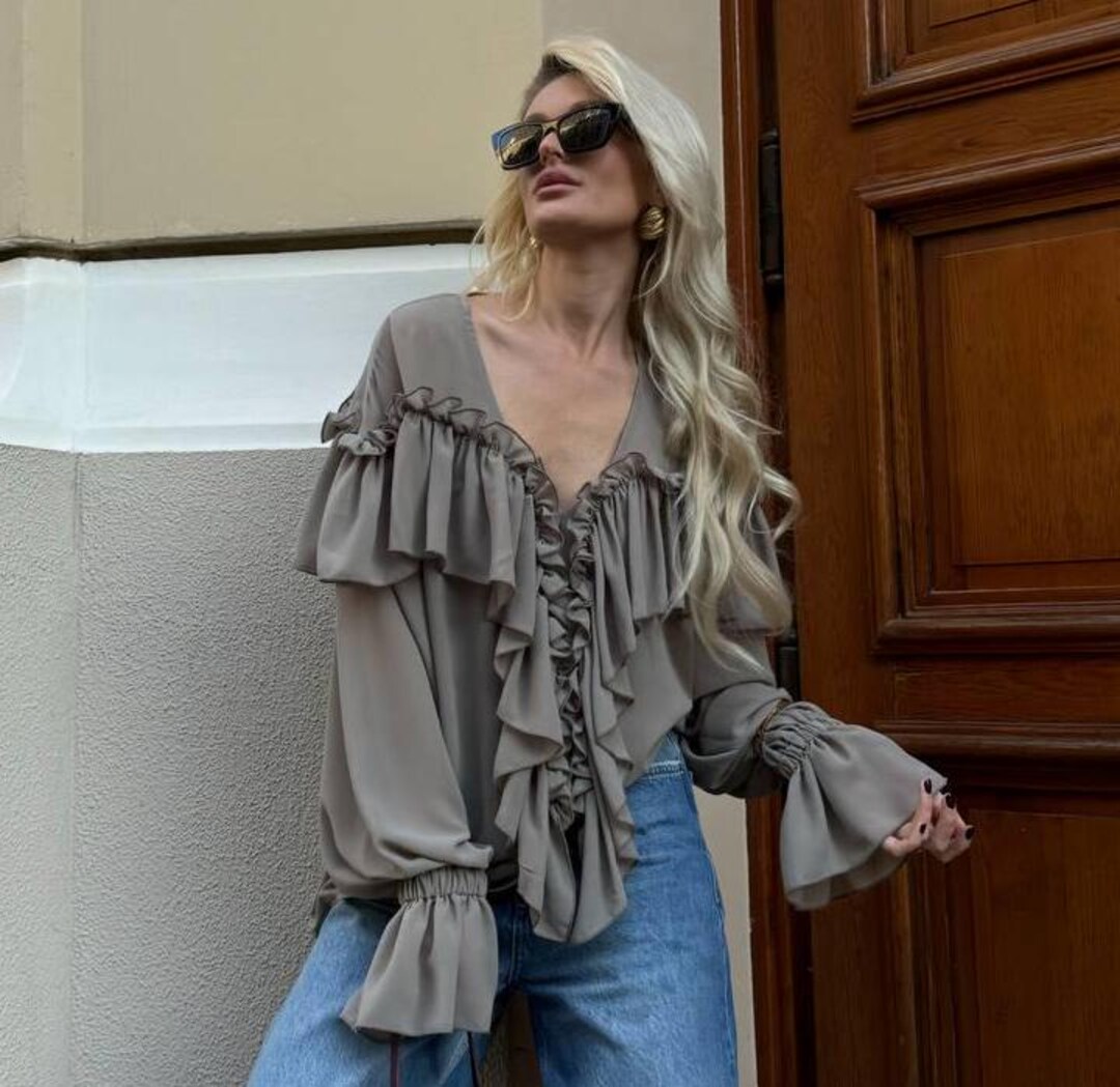 Chiffon Blouse, Khaki Ruffle Blouse, Blouse in Boho Style - Etsy